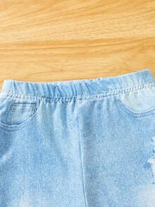 女婴熊印花半高领T恤搭配牛仔效果下摆喇叭裤两件套服装 - 黑色 - 查看 6