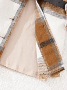 SHEIN 女小童格紋印花腰帶外套&素色連衣裙 - 卡其色 - 查看 4
