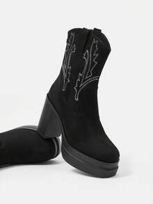 SheIn SXY Giày bốt cổ ngắn phong cách cao bồi phương Tây thêu cho nữ - màu đen - Xem 5
