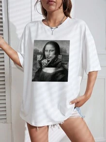 SHEIN EZwear 優化圖案落肩設計超大t卹 - 白色 - 查看 5