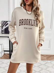 SHEIN EZwear Women's Letter Print Drop Shoulder Sweatshirt - Khaki - View 1