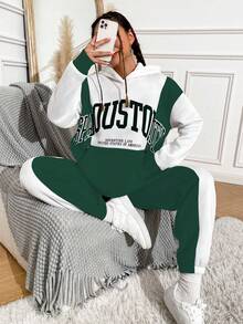 SHEIN Unity 女拼色字母印花運動休閒 2 件套 - 墨綠色 - 查看 6