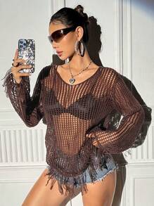 SHEIN Unity 女士镂空针织毛衣，不含胸罩，秋冬针织套头衫 - 棕色 - 查看 4