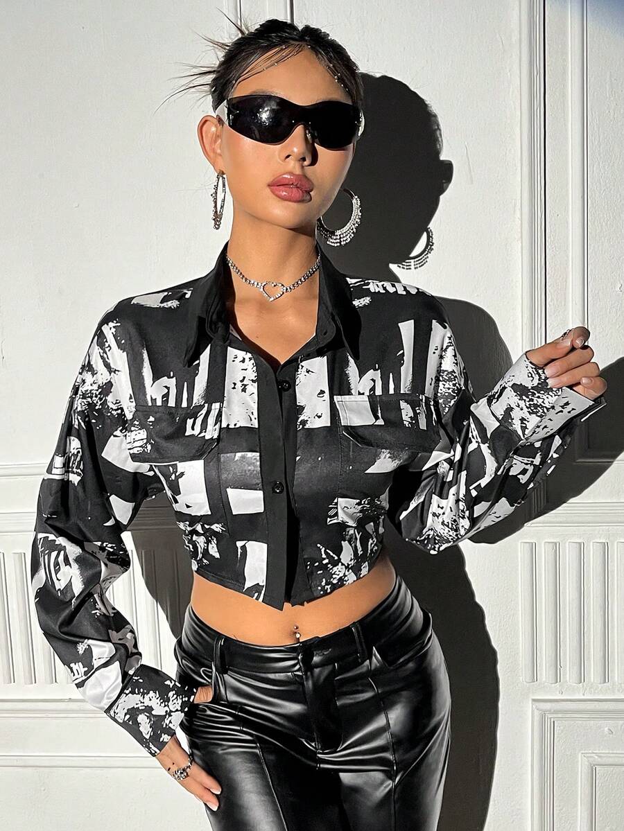 SHEIN Unity Của phụ nữ Mẫu In Trang phục làm việc Áo sơ mi Với Túi - Đen và trắng - Xem 1