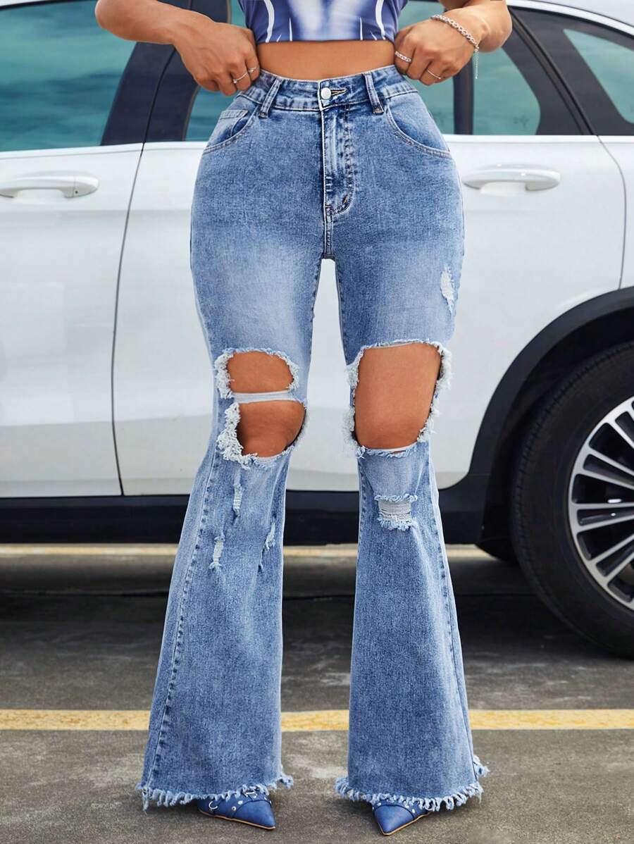 SHEIN ICON 女式破洞和鬚邊喇叭牛仔褲 - 淺色水洗藍 - 查看 1