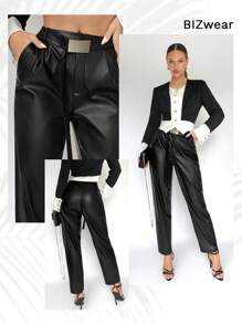 BizChic Của phụ nữ Da giả Chi tiết túi Dài Quần - màu đen - Xem 1