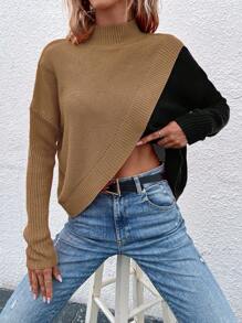SHEIN Essnce 兩色小高領落肩裹身毛衣 - 彩色 - 查看 5