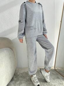 RueChic Women's Grey Round Neck Sweatshirt And Sweatpants Set - Grey - View 3