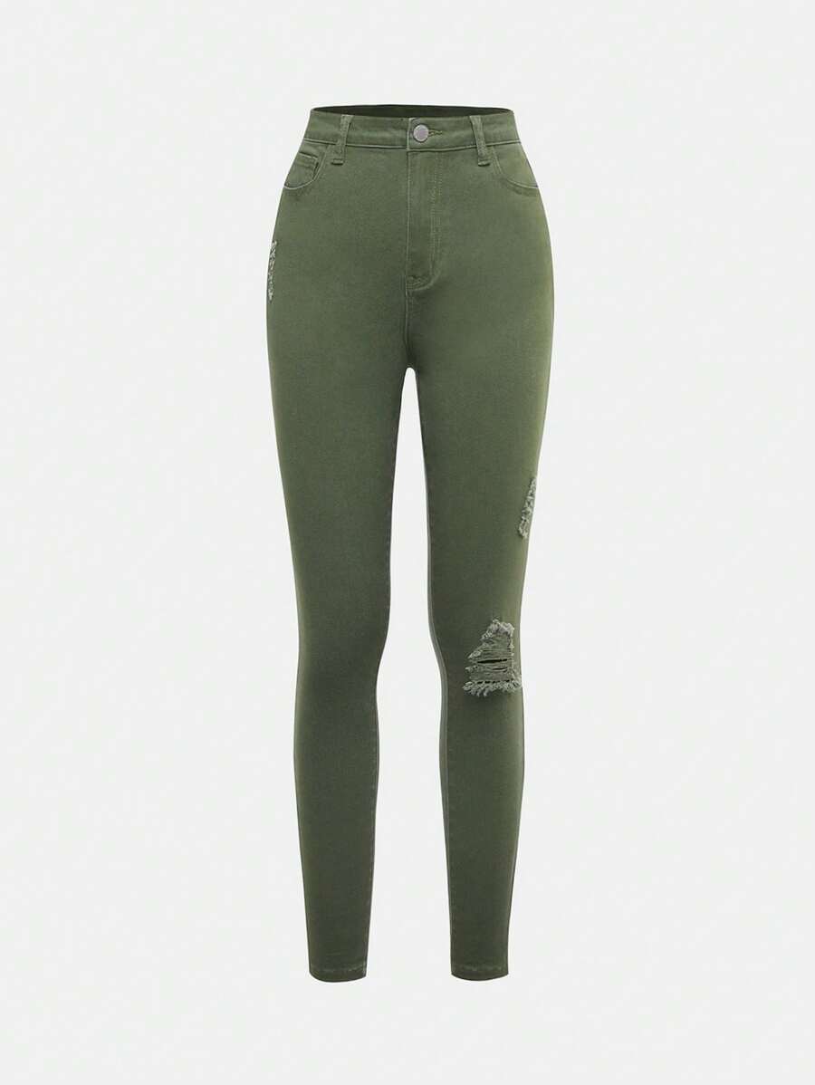 SHEIN 少女破洞牛仔褲 - 軍綠色 - 查看 1