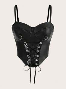 SHEIN ICON Lace Up Front PU Leather Cami Top - Black - View 1