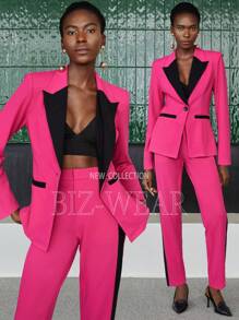 BizChic 女士拼色方領單鈕套裝 - 玫紅色 - 查看 1