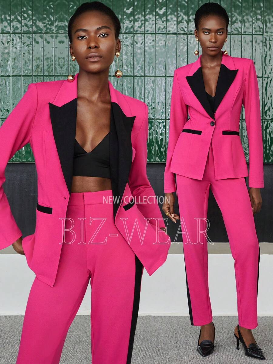 BizChic 女士拼色方領單鈕套裝 - 玫紅色 - 查看 1