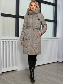 GASMAN Áo khoác trùm đầu có đệm họa tiết chữ kim cương mùa đông dành cho nữ - Màu Khaki - Xem 5
