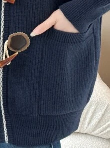 Elegante cárdigan con cuello en V, botones con cuernos de cordero, primavera y otoño - Azul Marino - Ver 4