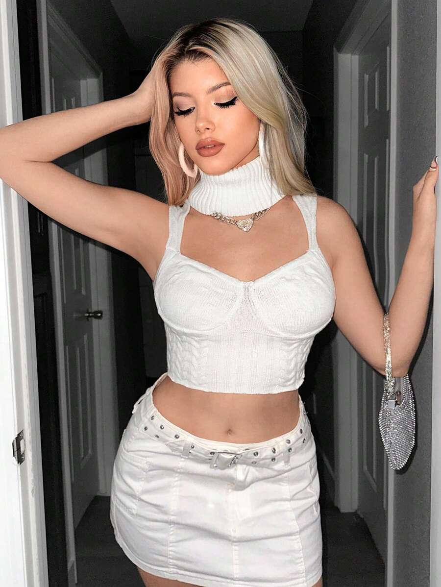 Sweetina High Neck Turn-down Collar Sleeveless Sweater Vest - White - View 1