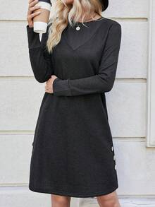 SHEIN LUNE Của phụ nữ Chi tiết Nút Đầm - màu đen - Xem 5