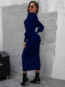 Modelyn Của phụ nữ Thon gọn Tay áo lồng đèn Dệt kim Đầm - Xanh đậm - Xem 2