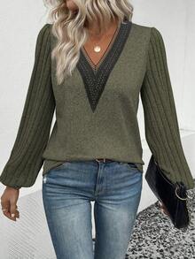 SHEIN LUNE Ren Tay áo dài Áo thun - xanh quân đội - Xem 6