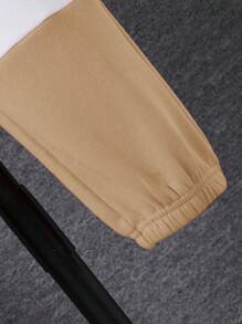 SHEIN 少年男孩休閒運動風寬鬆拼接圓領毛衣及緊身運動褲套裝,帶延長袖口 - 卡其色 - 查看 3