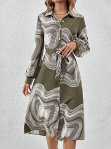 SHEIN Clasi Random Print Long Sleeve Dress - Army Green - View 5