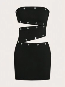 SHEIN ICON Button Detail Cut Out Tube Bodycon Dress - Black - View 3