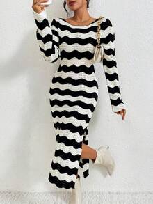 SHEIN Privé Boat Neck Wave Pattern Split Hem Sweater Dress - Black and White - View 3