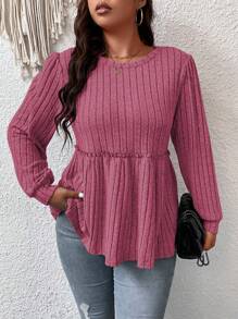 Kích thước lớn Của phụ nữ Màu thuần Xù Peplum Hem Áo thun In Chất vải - Màu Hồng Tươi - Xem 7
