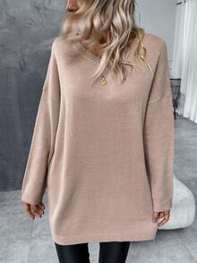 SHEIN LUNE Của phụ nữ Cổ chữ V Thả vai Màu thuần Áo len - Màu Khaki - Xem 3