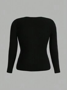 Flirla Suéter de punto de 3 piezas de talla grande en unicolor, suéter de punto de otoño e invierno - Negro - Ver 6