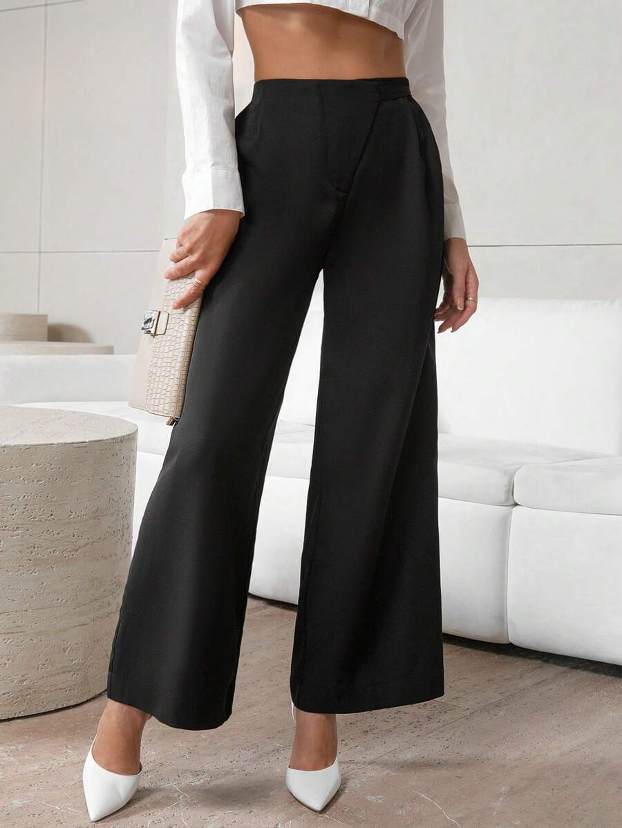 SHEIN Privé Women's High Waisted Wide Leg Pants - Khaki - View 1