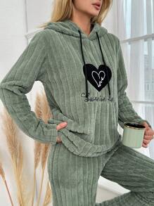 Women's Love & Letter Embroidery Drawstring Hooded Pajama Top - Green - View 5