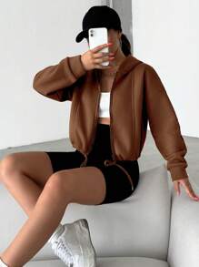EURMUSE Drop Shoulder Drawstring Hem Zip Up Hoodie - Coffee Brown - View 3