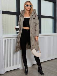 GASMAN Áo khoác trùm đầu có đệm họa tiết chữ kim cương mùa đông dành cho nữ - Màu Khaki - Xem 4