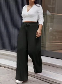 EURMUSE Pantalon droit à couleur unie avec cordon de serrage, grande taille pour femme - Noir - Voir 5