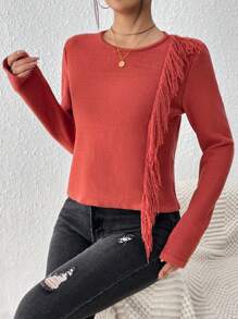 SHEIN LUNE 女士純色流蘇套頭毛衣 - 咖啡棕 - 查看 6