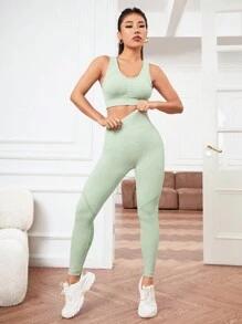 Độ co giãn Cao Liền mạch Của phụ nữ Thể thao Bộ đồ Tập thể dục Bộ - Màu xanh Bạc hà - Xem 5