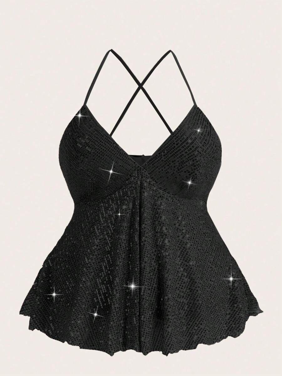 SHEIN ICON Plus Size Beaded Criss Cross Backless Camisole Top - Black - View 1