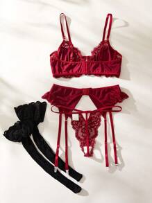SHEIN Conjunto De Lencería Sexy De Encaje Para Mujer: Sujetador Y Bragas - Burdeos - Ver 2