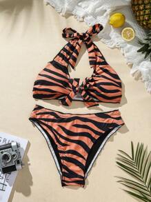 SHEIN Swim 虎纹吊带扭纹设计比基尼套装夏季海滩 - 橘色 - 查看 3