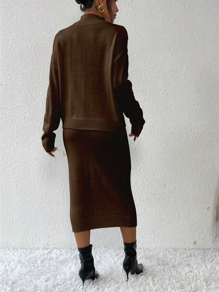 2pcs/set Simple Casual Stand Collar Drop Shoulder Sleeve Sweater And Skirt Set
