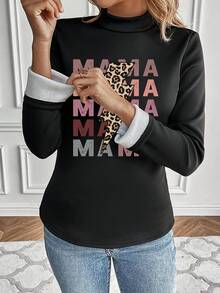 SHEIN LUNE Letter Graphic Mock Neck Thermal Lined Tee - Black - View 3