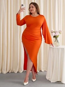 SHEIN Privé Women'S Elegant Orange Round Neck Plus Size Split Dress - Burnt Orange - View 6