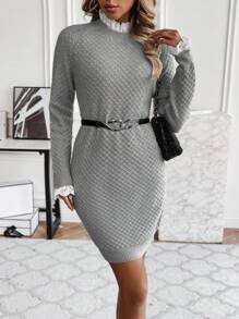 SHEIN Clasi Women'S Frill Trim Raglan Sleeve Long Sleeve Sweater Dress - Grey - View 6