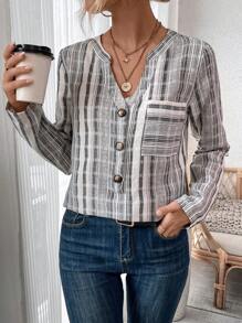 SHEIN Essnce And Linen Check Notch Collar Long-sleeved Shirt - Black and White - View 6