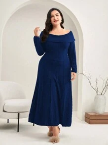 Modelyn 女性加大碼露肩長袖毛衣連身裙 - 藏蓝色 - 查看 1