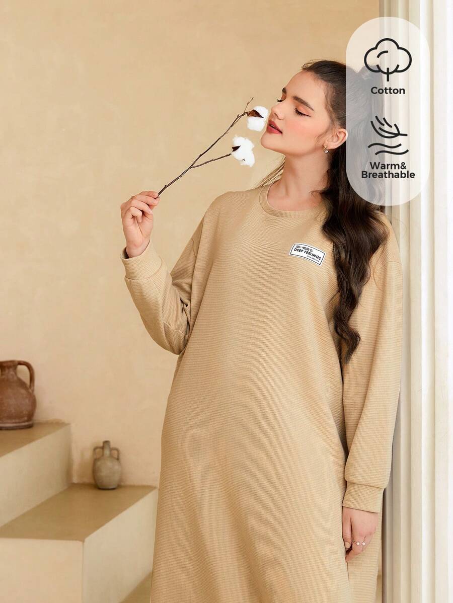 Seusyu Plus Letter Patched Drop Shoulder Dress - Khaki - View 1