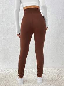 SHEIN Essnce Của phụ nữ Xếp li Eo Xà cạp - Cà phê nâu - Xem 2