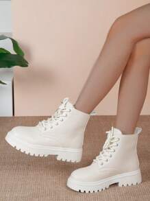 女士秋冬新款黑色和米色短靴，休闲 - 米色 - 查看 6