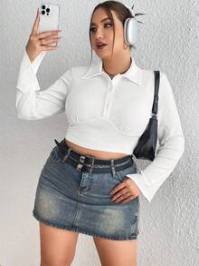Flirla Plus Size Long Sleeve Turn-down Collar T-shirt - White - View 6