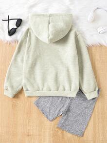 SHEIN Tween Girls' Letter Printed Hooded Long Sleeve Sweatshirt And Shorts Set - Grey - View 2